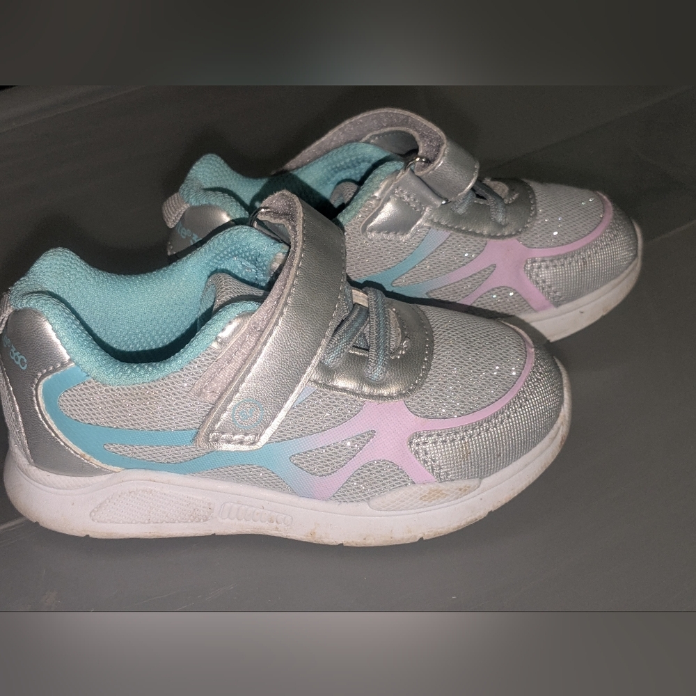 Toddler 8 Wide Silver and Light Blue Velcro Athletic Shoes